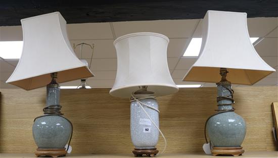 A pair of crackleglaze table lamps and one other